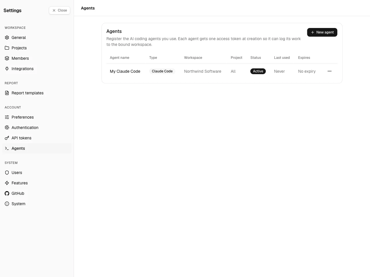 The Agents settings page: the agent list with type and
status.