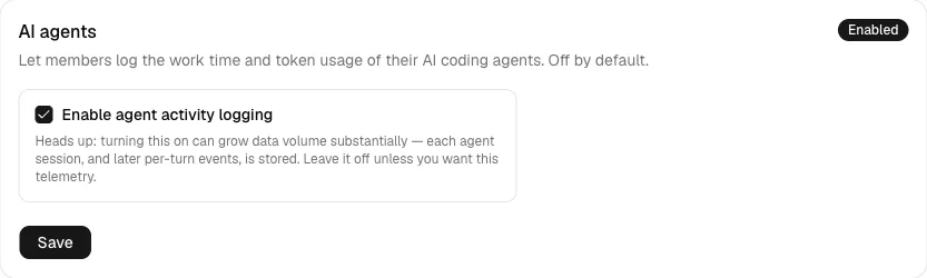The Features settings page with the AI agents card and its enable
toggle.