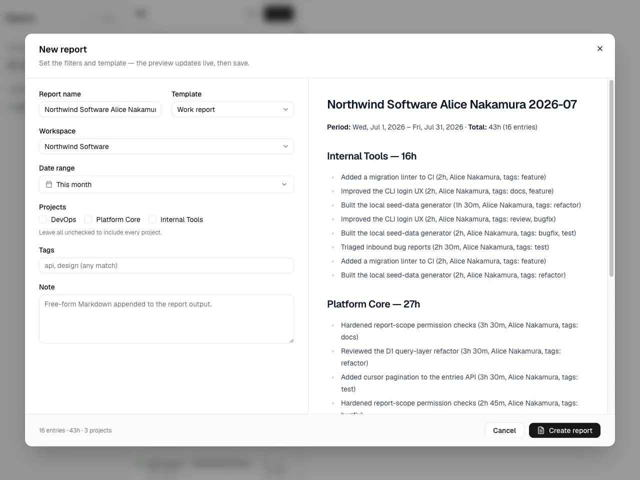 The new-report dialog: filters and template picker on the left, the live
Markdown preview on the right.