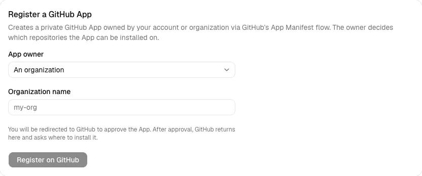 The GitHub settings page with the register form and its owner
choice.