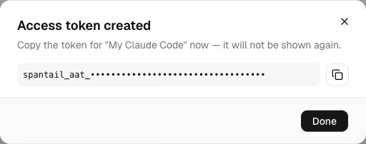 The dialog shown after creating an agent: the one-time access
token.