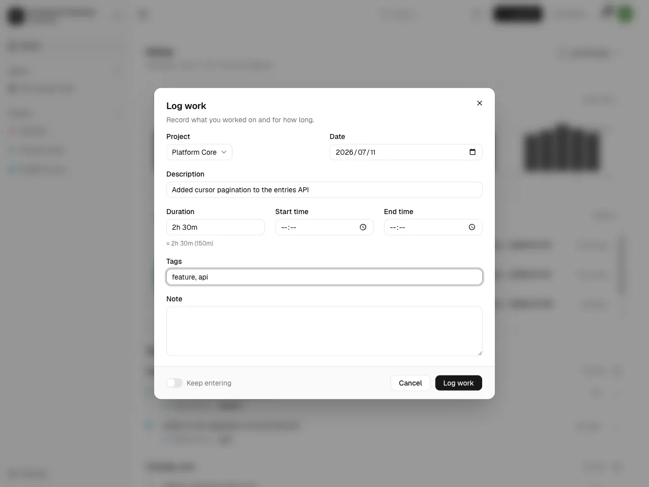 The new-entry dialog with the date, duration, description, project, and tag
fields.
