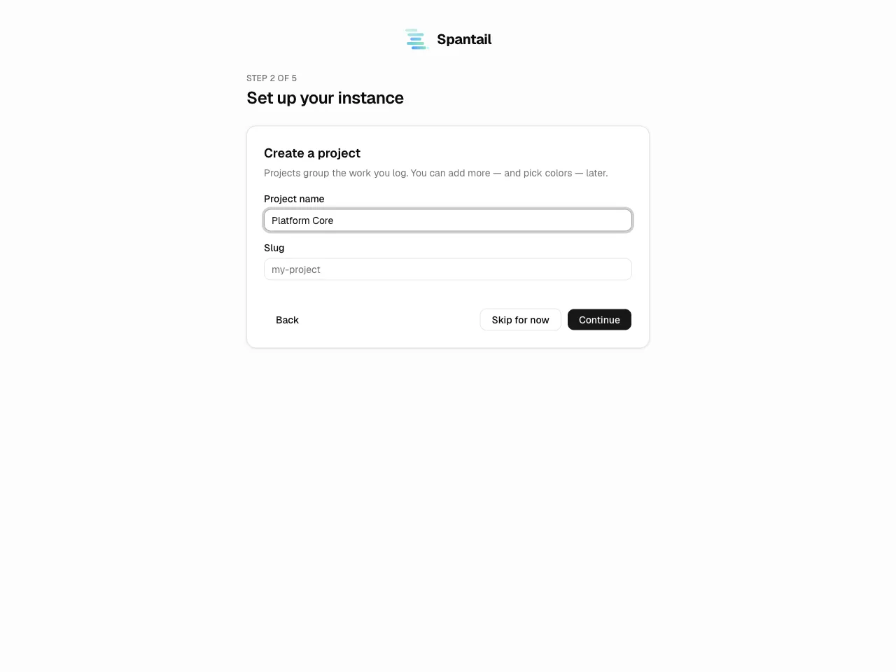 Wizard step 2 — “Create a
project”.