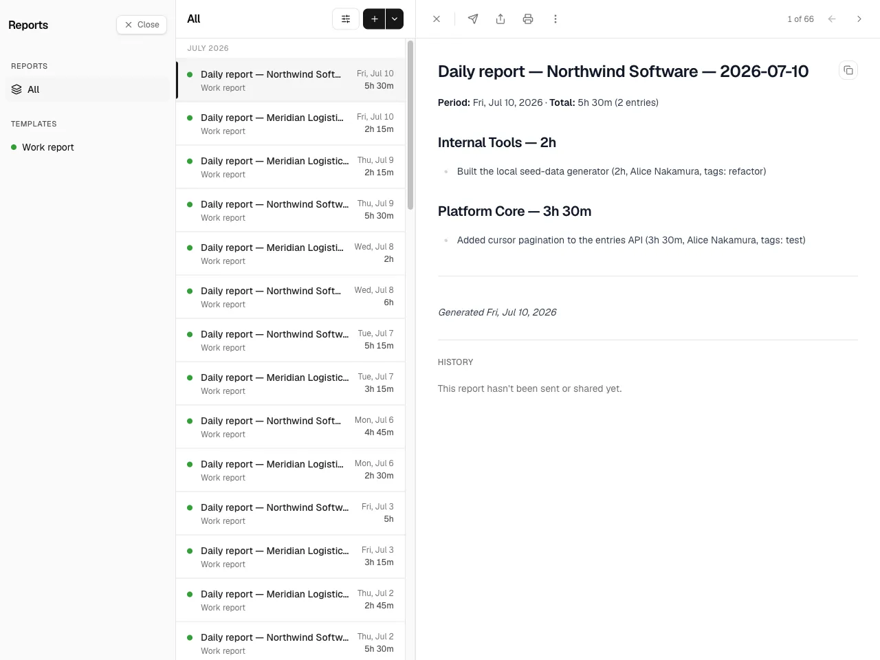 A rendered report with its toolbar (send, share, print, and a more-actions
menu).