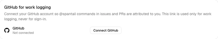 The authentication settings with the “GitHub for work logging” card and its
connect button.
