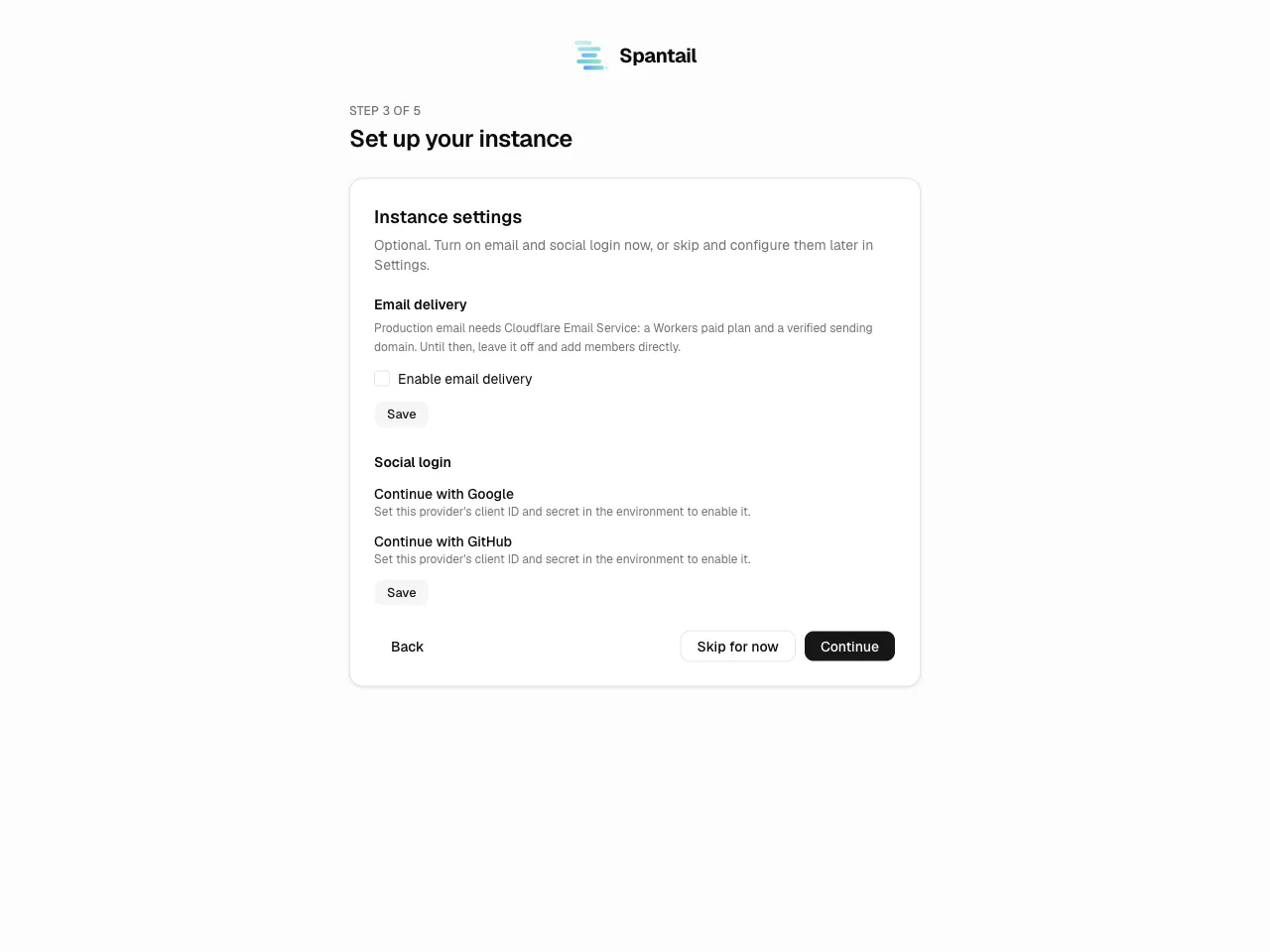 Wizard step 3 — “Instance settings” with email and social-login
sections.