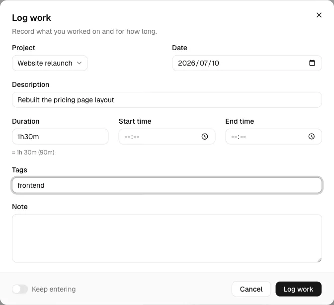 The Log work dialog with the project, date, description, duration, and tag
fields filled in.