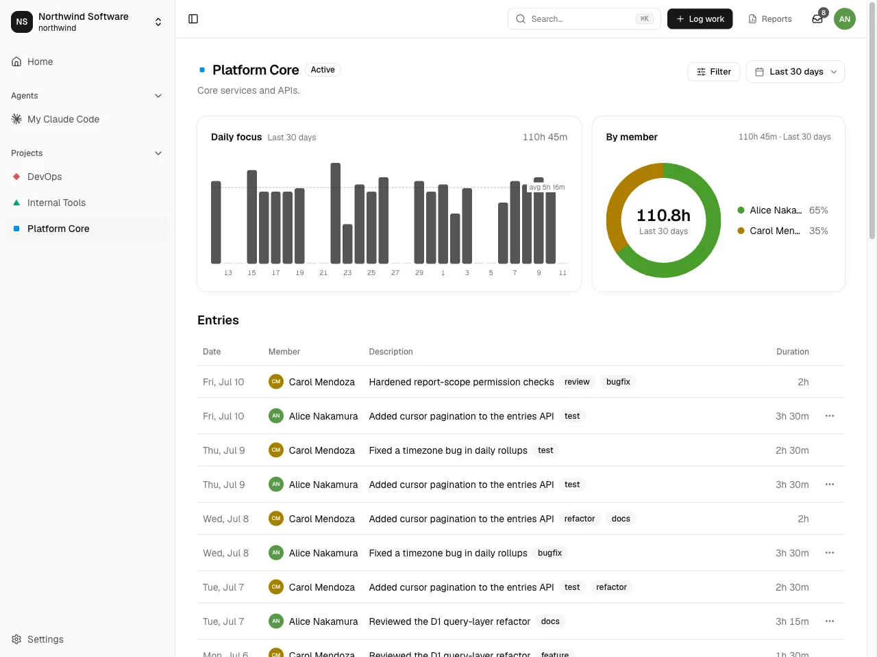 A project detail page showing the project’s entries and
filters.