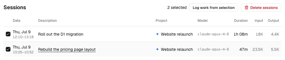 The agent activity page with two sessions selected and the “Log work from
selection” button.