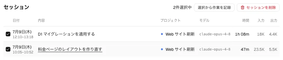 2件のセッションを選択し「選択から作業を記録」ボタンが出たエージェントのアクティビティページ。