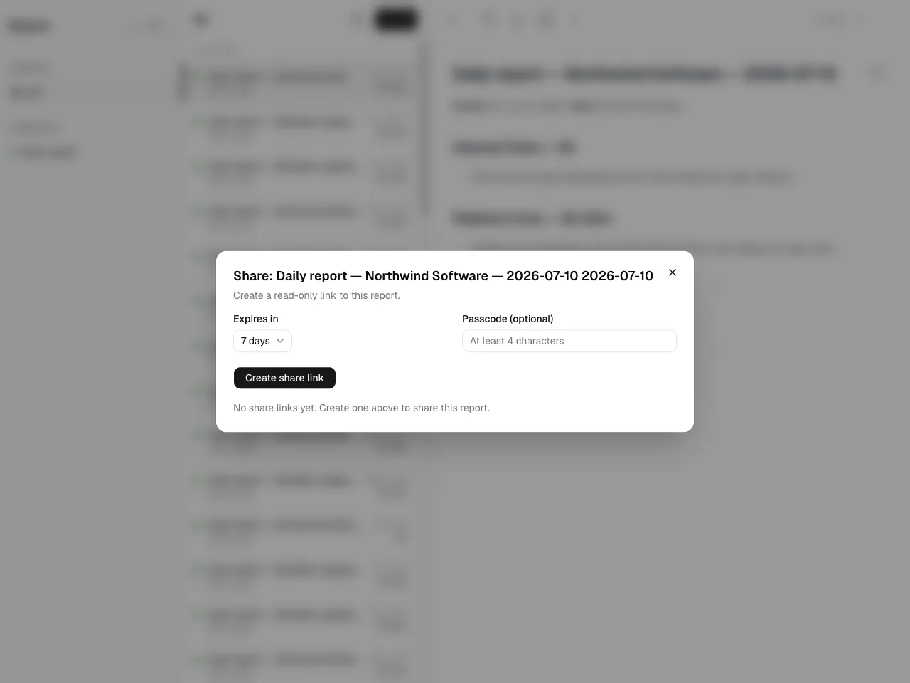 The share dialog with the passcode and expiry
options.