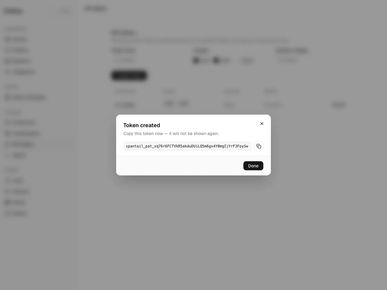 The API tokens page: a newly created token shown once, above the list of
existing tokens.