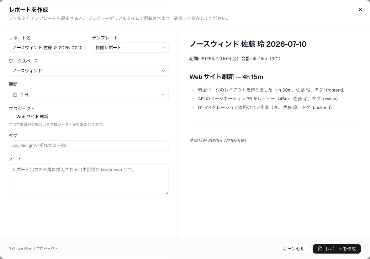 新規レポートのダイアログ。左にテンプレートとフィルタ、右に Markdown のライブプレビュー。
