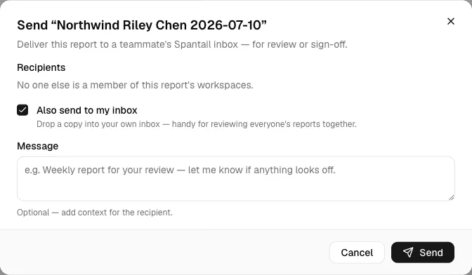 The send dialog with no recipients and the “Also send to my inbox” checkbox
ticked.