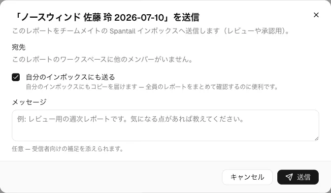 宛先を選ばず「自分のインボックスにも送る」にチェックを入れた送信ダイアログ。
