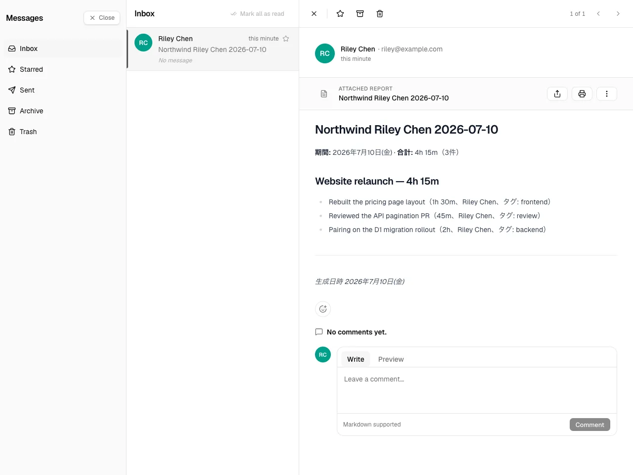 The inbox showing the delivered report, its frozen body, and the discussion
thread below it.
