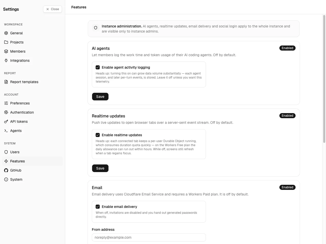 The Features page: the AI agents and Realtime updates
cards.