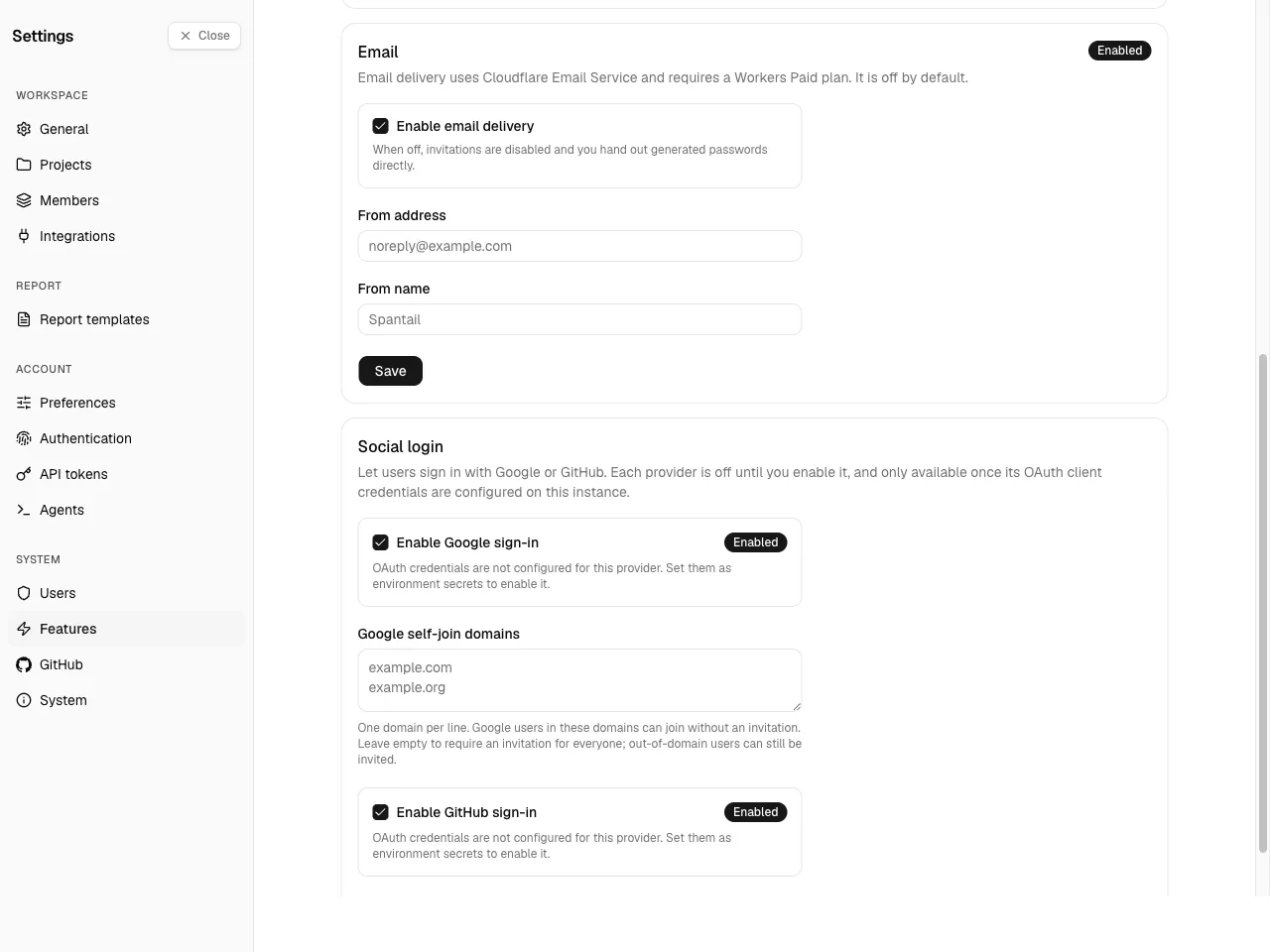 The Features page scrolled to the Email card: the enable toggle and the From
address field.