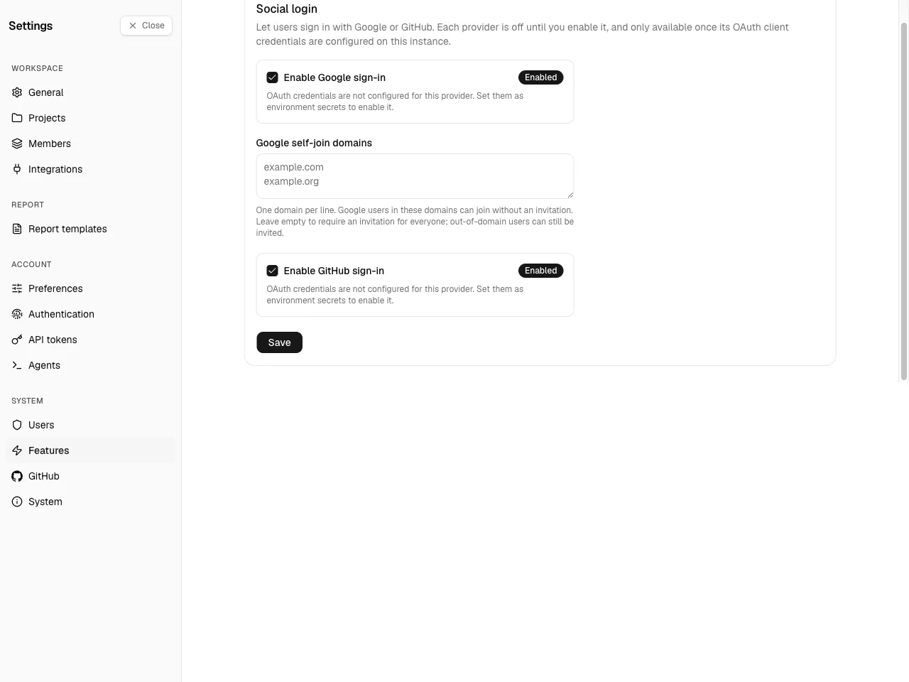 The Features page scrolled to the Social login card: the Google and GitHub toggles and the
self-join domains field.