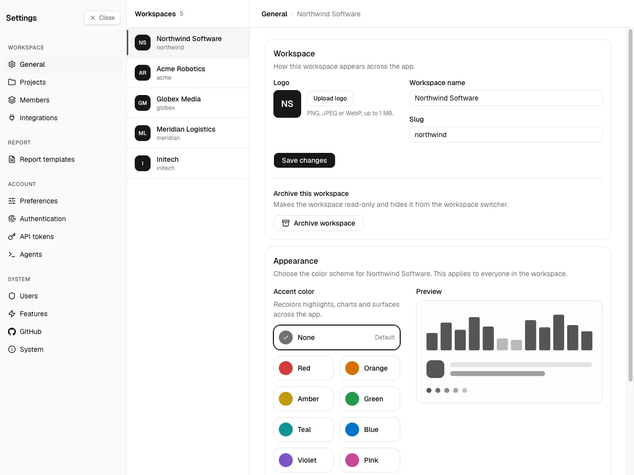 The Settings hub with the left sub-nav grouping every management
section.