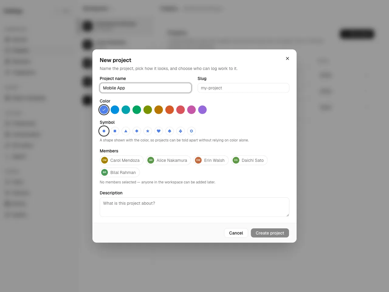 The New project dialog with the name, slug, color, symbol, members, and
description fields.