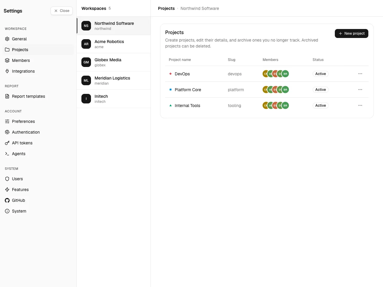 The Projects list with each project’s color, member avatars, and
status.