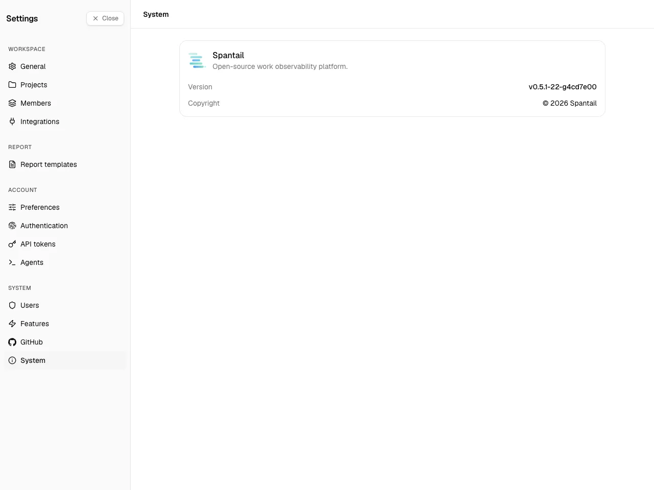 The System page showing the product name, version, and copyright.