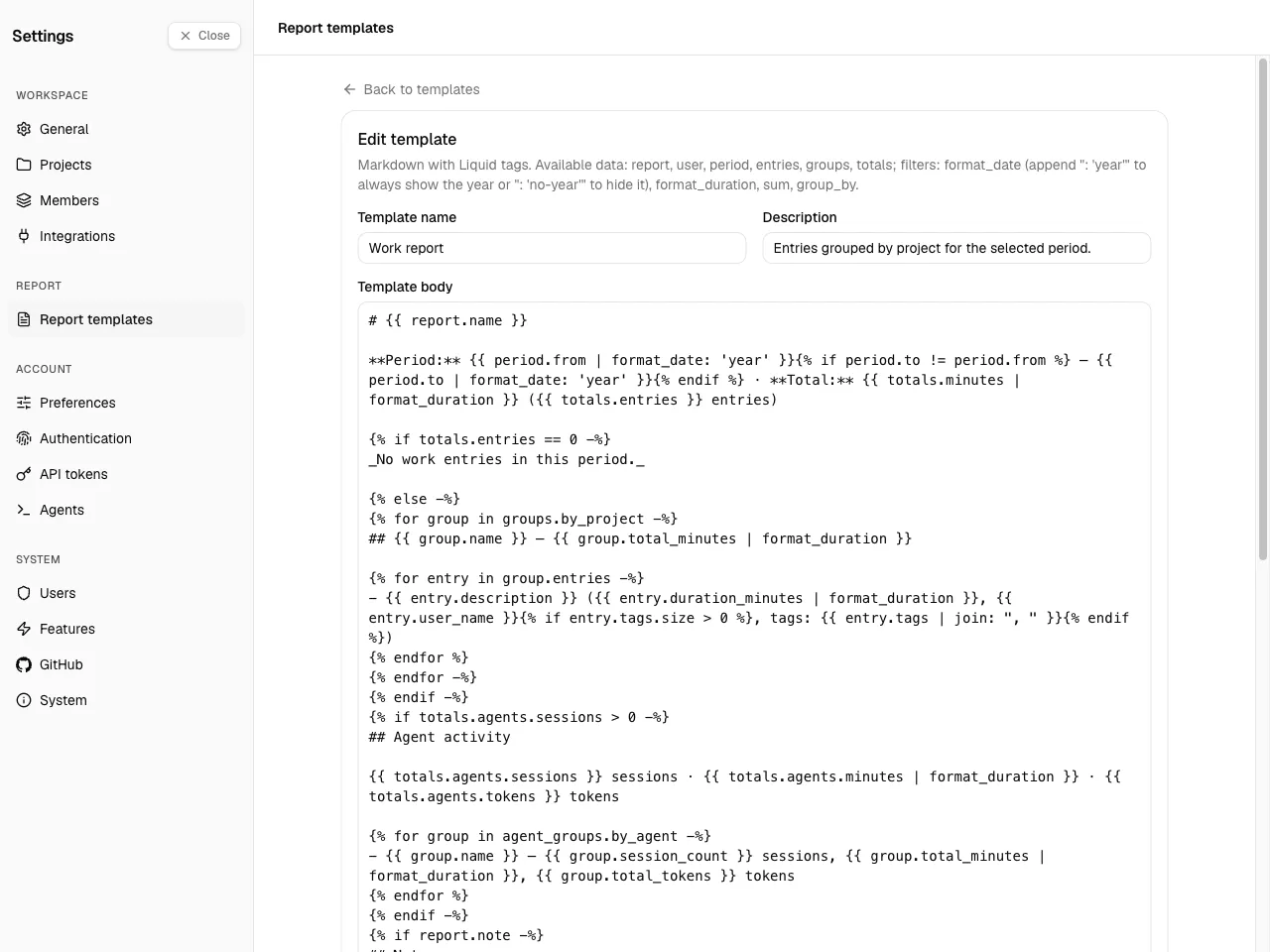 The template editor showing the name, description, and the Markdown + Liquid
body.
