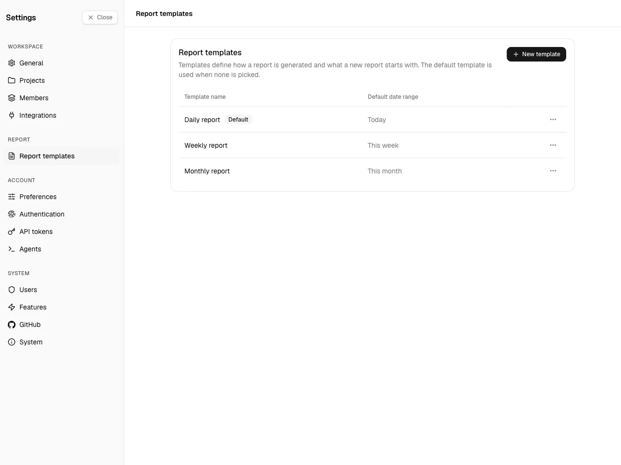 The Report templates list: each template’s name, its default badge, and its default date
range.