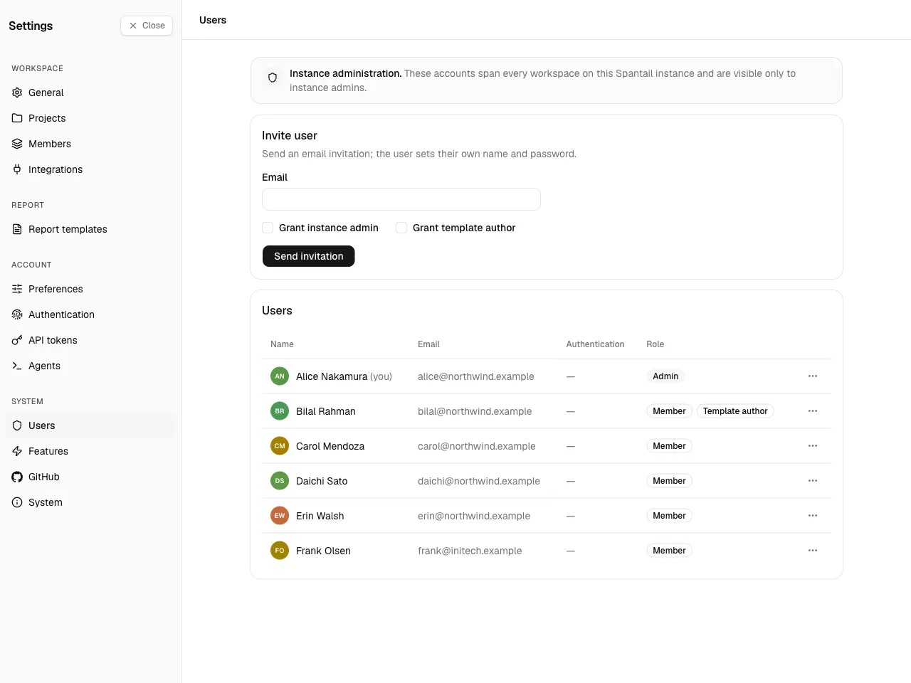 The User management page: the invite/create form above the user list, with each user’s
role.