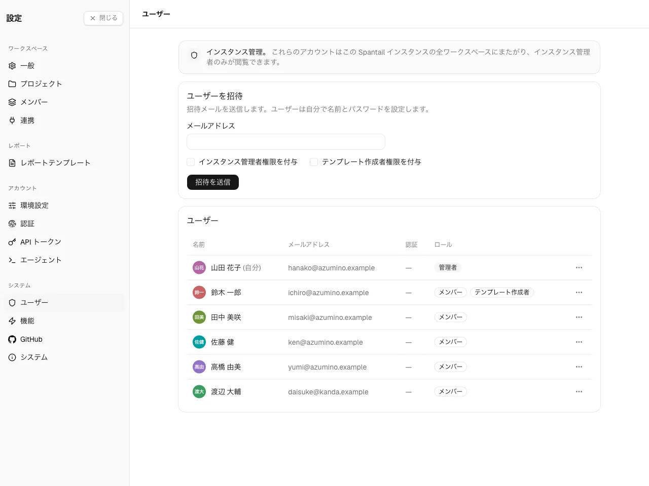 ユーザー管理ページ。招待/作成フォームの下に各ユーザーのロールが付いた一覧。